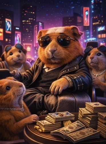 Randy in a night city setting with cash on the table